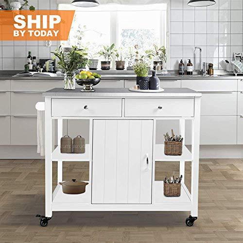 ChooChoo Kitchen Islands on Wheels with Stainless Steel Top, Utility Wood Kitchen Cart with Storage and Drawers, Easy Assembly - White