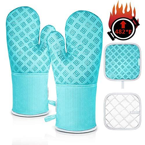 Homemaxs Oven Mitts and Pot Holders 4pcs Set Heat Resistant up to 482F/250°C Non-Slip Food Grade Kitchen Mitten Silicone Cooking Gloves s for Kitchen, Cooking, Baking, BBQ (Turquoise)