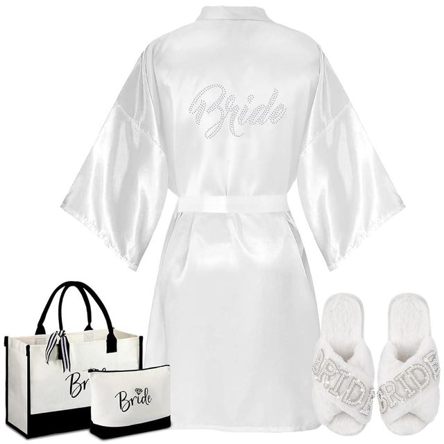 Bunnycool 4 Pcs Bridal Shower Gift Set Include Bride Robes Bride Slippers Canvas Tote Bag Makeup Bag for Bride Wedding Party