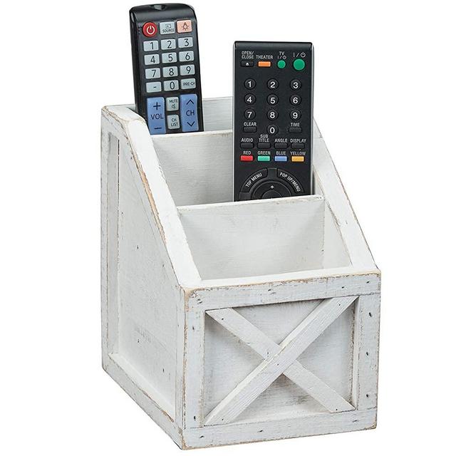 Barnyard Designs Rustic Vintage Wooden Desk Organizer Remotes Caddy Tabletop Desktop Office Supplies Desk Accessories Holder, White 6.75" x 6.5” (White/White)