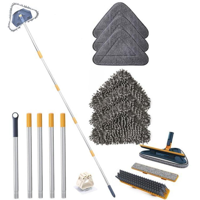 ShinyDew Wall Cleaner Mop with Long Handle, 5-in-1 Wall Cleaning Dust Mop with 6 Replacement Chenille Microfiber Pads, Squeegee, Scrubber, Duster Cleaning Tools for Wall, Window, Floor, Ceiling