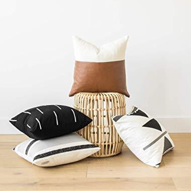 Woven Nook Decorative Throw Pillow Covers 4 Pack for Couch, Sofa, or Bed 100% Cotton Black White Geometric Faux Leather Zulu Set (22'' x 22'')