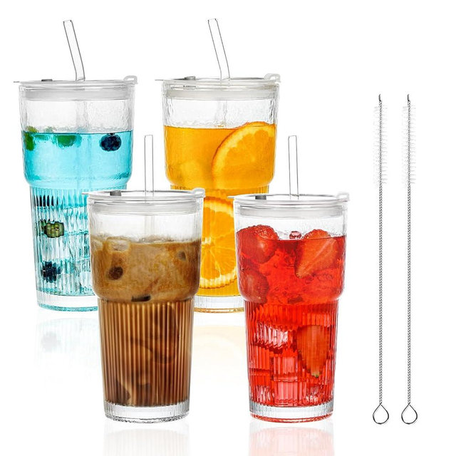 4 Pack 20 Oz Glass Cups with Lids and Straws Glass Iced Coffee Cups with Lids Vintage Ribbed Glass Tumbler for Beer Ice Coffee Fruit Juice Elegant Aesthetic Cup Glassware Include 2 Cleaning Brushes