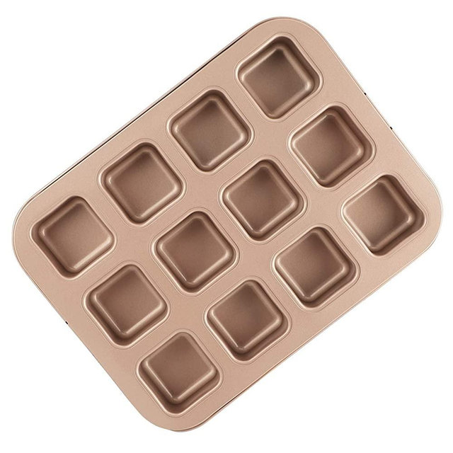 Brownie Cake Pan, Beasea 12 Cavity Nonstick Muffin Pan Golden Brownie Pan Mini Cheesecake Pan Cupcake Pan Carbon Steel Brownie Baking Tray Bakeware for Oven Baking