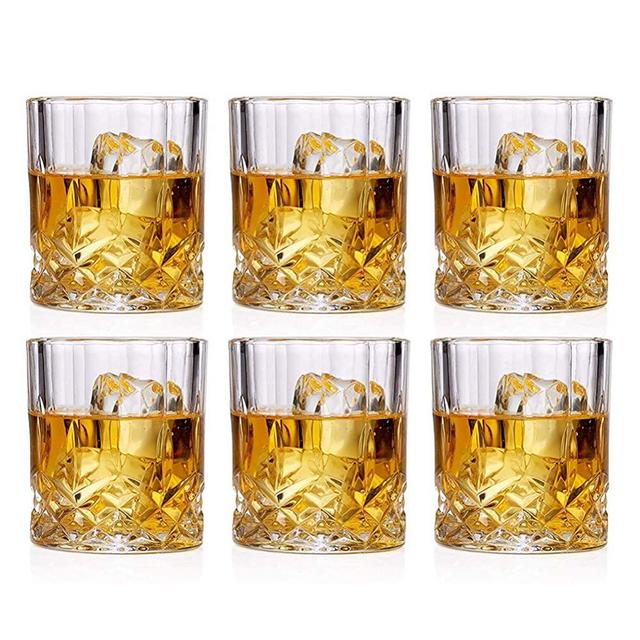 Whiskey Glasses Set of 6, Classic Stylish Design, 10 Oz Rocks Barware for Scotch, Bourbon, Liquor and Cocktail Drinksm, Double Old Fashioned Glasses Present
