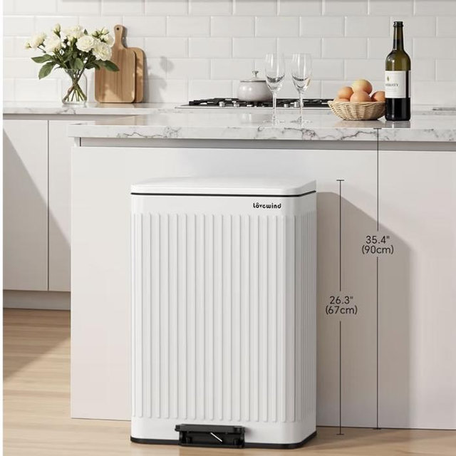 Lovewind 60 Liter/ 16 Gallon Stainless Steel Trash Can with Soft-Close Lid, Large Footstep Garbage Can with Roman Texture, Removable Inner Buckets, Recycling Bin for Kitchen Office, White