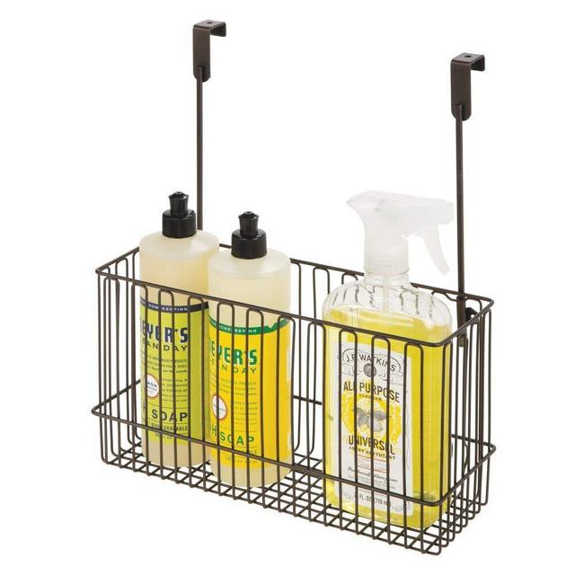 mDesign Metal Over Cabinet Kitchen Storage Organizer Holder or Basket - Hang Over Cabinet Doors in Kitchen/Pantry - Holds Bakeware, Cookbook, Cleaning Supplies - Steel Wire - Bronze