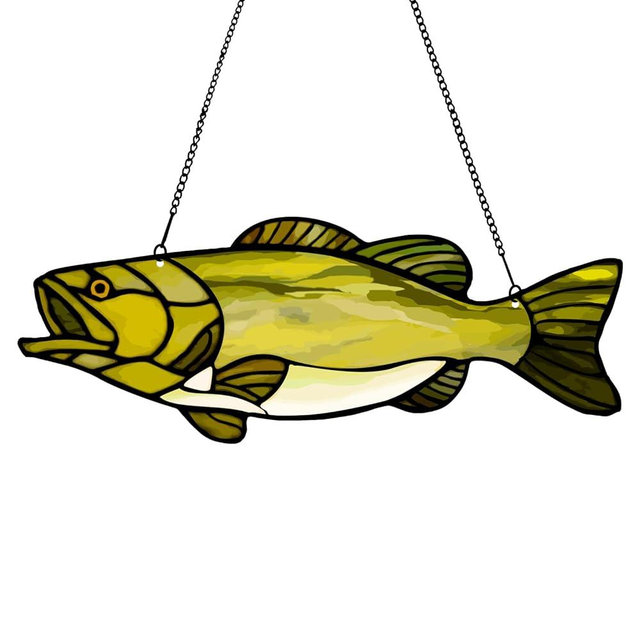 MATIHAY Largemouth Bass Fish Acrylic Window Hanging, Bass Fish Wall Decor Gifts for Fishing Lovers Decorations for Thanksgiving Big Fish Catches, 12" W x 4" H