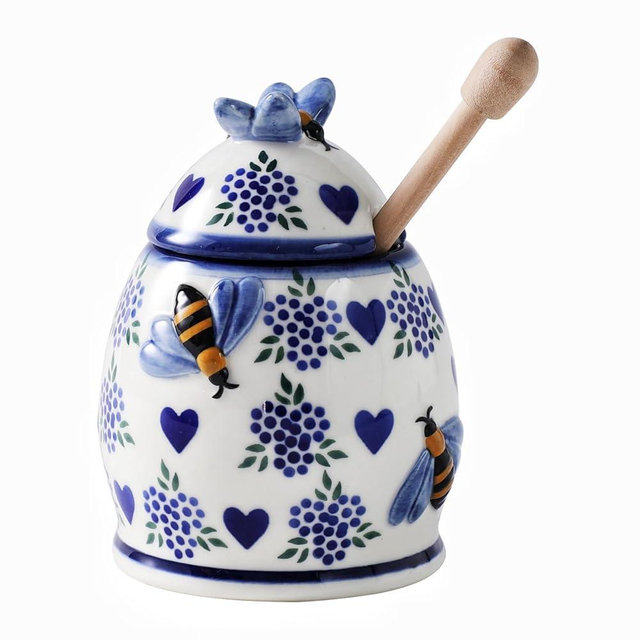 ZOOBEE Ceramic Honey Pots with Dipper and Lid Farmhouse Style,10oz Honey Dispenser No Drip,Handpainted Honey Jars with Bees,Easily Wash-Deep Love