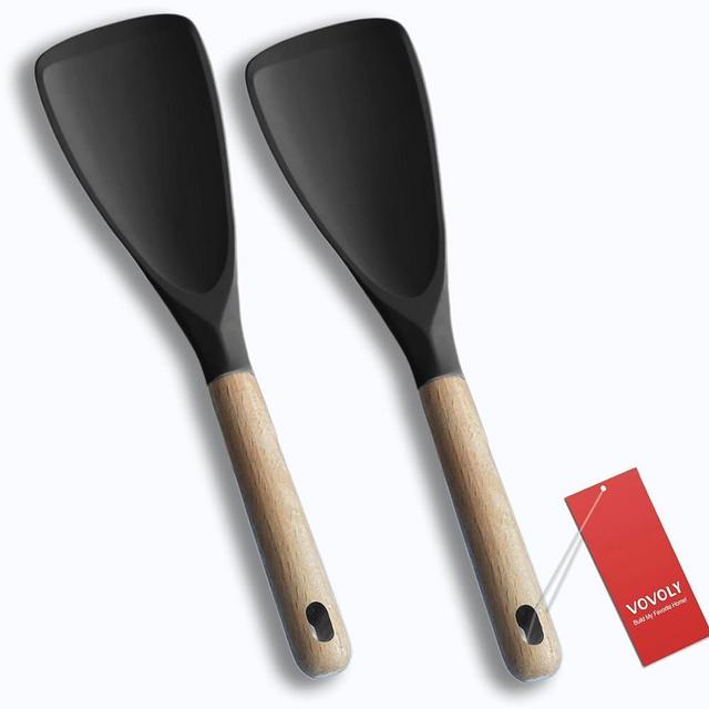 VOVOLY Cooking Spoon for Nonstick Cookingwares, Silicone Spoon Spoon for Mixing, Scoop, and Scrape, (Black-2 pack)
