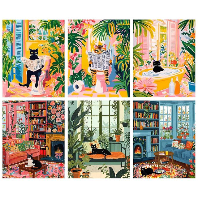 Canrichshop 6 Pack Cat Paint by Numbers Kit for Adults Without Frame,Funny Black Cat DIY Adults' Paint-by-Number Kits on Canvas,Easy Acrylic Painting Beginners Decor 9.8x13.8 Inch