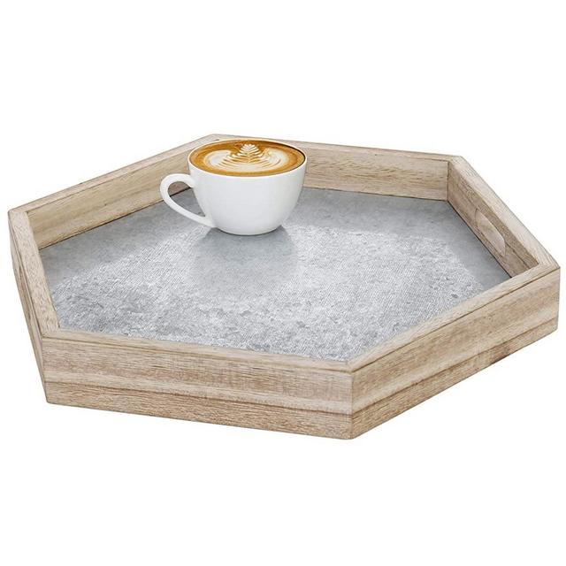 MyGift 15-Inch Hexagonal Galvanized Metal and Vintage Wood Serving Tray with Cutout Handles