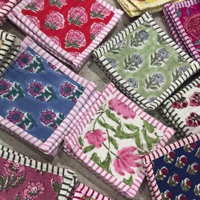Block Printed Quilted Cotton Coasters | Set of 6 Reversible Table Decor