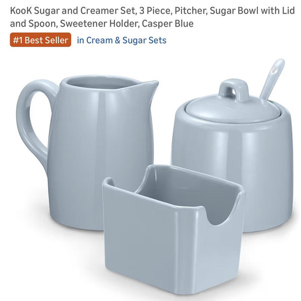 KooK Sugar and Creamer Set, 3 Piece, Pitcher, Sugar Bowl with Lid and Spoon, Sweetener Holder, Casper Blue