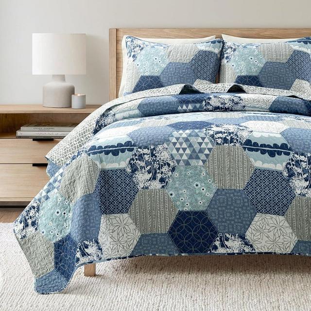 Lush Decor - Quilt Set, 3-Piece Reversible Cotton Bedding with Matching Shams, Embroidered Design (Briley Dusty Blue, Full/Queen)