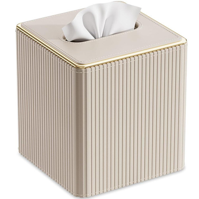 GORESE Tissue Box Cover Square for Kleenexs, PU Leather Tissue Box Holder with Gold-Tone Edging, Decorative Tissue Cover for Bathroom Livingroom Car, Modern Cube Tissue Holder, Beige