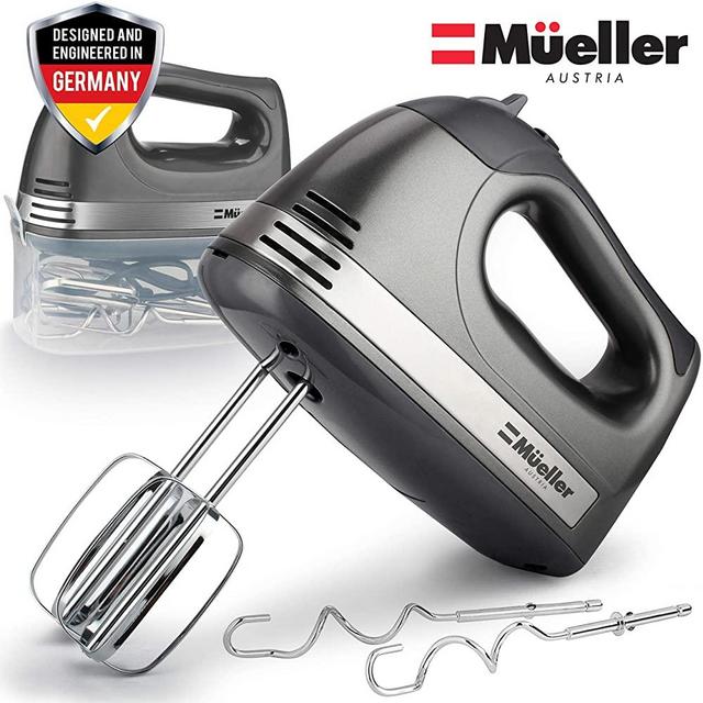 Mueller Electric Hand Mixer, 5 Speed 250W Turbo with Snap-On Storage Case and 4 Stainless Steel Accessories for Easy Whipping, Mixing Cookies, Brownies, Cakes, and Dough Batters