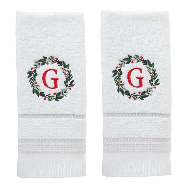 SKL Home Christmas/Winter Wreath Monogram Hand Towel G 2pc Set for Bath/Kitchen/Bar & Gift, White