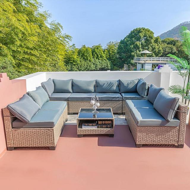Aug-guan 9-Piece Patio Furniture Set, All-Weather Boho Outdoor Conversation Set Sectional Sofa with Water Resistant Grey Thick Cushions and Storage Table for Yard,Lawn,Garden