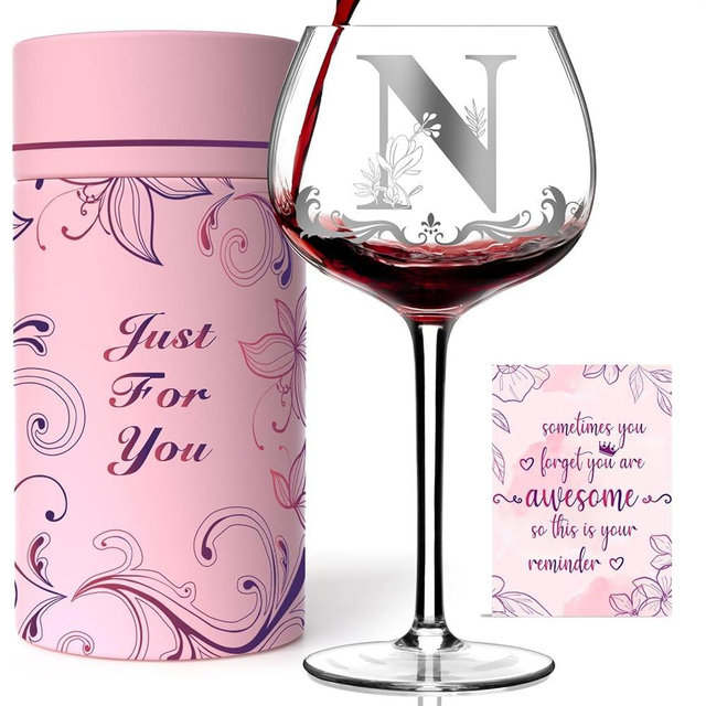 Personalized Birthday Gifts for Women - Customized Initial A-Z Wine Glasses, Unique Monogram Wine Gifts for Her, Mom, Wife, Sister, Daughter, Friend (Letter N)