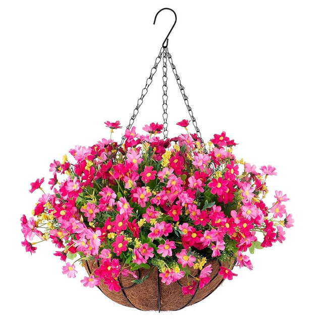 Ammyoo Artificial Hanging Flowers in Basket for Patio Garden Porch Deck Spring Summer Decoration, Artificial Daisy Arrangement,Fake Plants in 12 inch Coconut Lining Basket for Outdoor/Indoor(Pink)