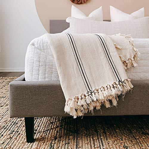 THE LOOMIA Sophie Turkish Cotton Boho Throw Blanket (Extra Large 65" X 85" Full-Size, Cream Ecru Base with Black Stripes)