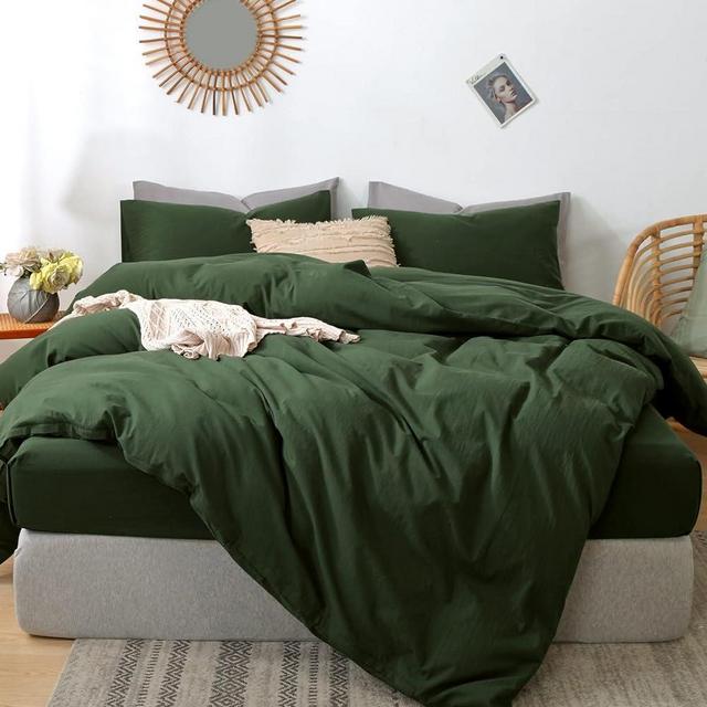 MooMee Bedding Duvet Cover Set 100% Washed Cotton Linen Like Textured Breathable Durable Soft Comfy (Forest Green, Oversized Queen)