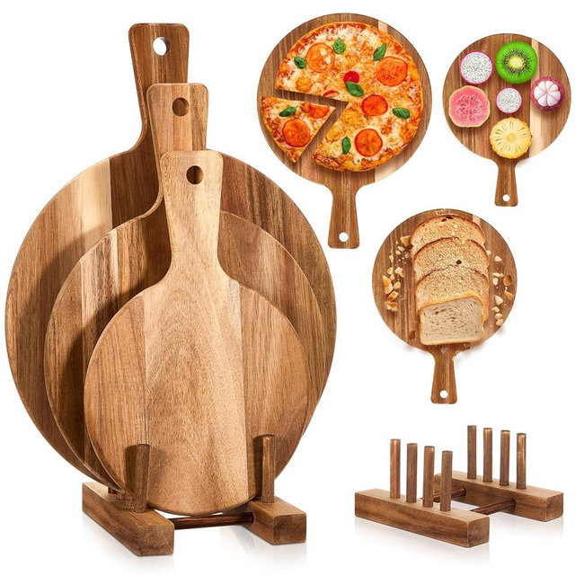 Hushee 3 Pcs Pizza Cutting Board Acacia Wood Cutting Board with Handle Round Chopping Board and Dish Rack Set Serving Platter Paddle and Plate Rack Stand for Cheese Bread Home Baking Fruits