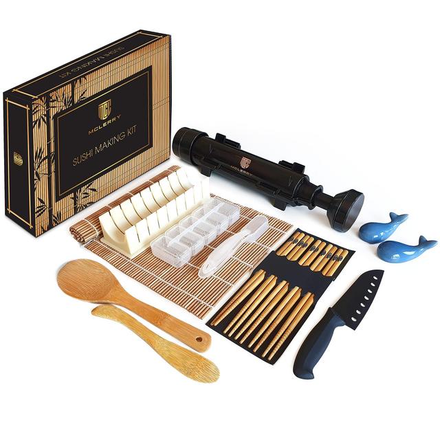 Sushi Making Kit, Bamboo Rolling Mat, All DIY Home Beginners Sushi Set ,Roller Machine with Bazooka Maker, Sushi Roll Mats, Chopsticks, Chef's Knife, Paddle, Rice Spreader, Nigiri Maker