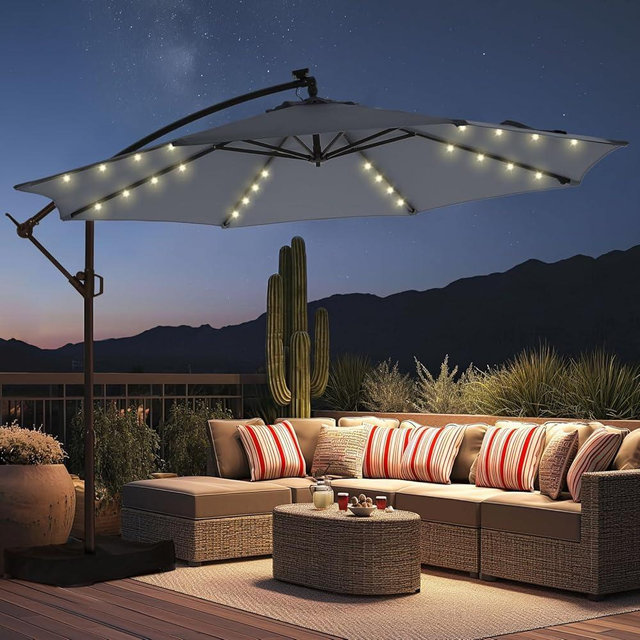 HOMSHADE 10ft Solar Lights Offset Cantilever Patio Umbrella - w/Light and Base, LED Lighted Offset Hanging Patio Outdoor Market Umbrella UPF50+ UV Protection with Easy Tilt and Crank (Grey)