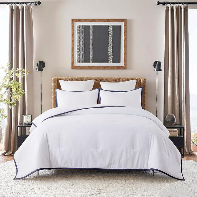 Feather and Loom Framed All-Season Down Alternative Comforter Set with 2 Shams - Soft Microfiber Cover, Hotel Inspired, Hypoallergenic High Loft Fiber Fill, Machine Wash - Color: Navy | Size: Queen