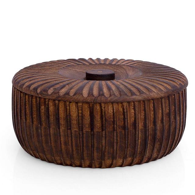 Handcrafted Wooden Mexican Tortilla Warmer Basket Indian Chapati Roti Bread Holder Box Pancake Keeper Serveware Hot Pot Casserole Dish With Lid Home Kitchen Dining Decor, Natural Brown, 9 x 3.5 Inches