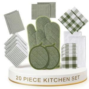 LANE LINEN Dish Towel and Dishcloth Set - 20 Pc Cotton Towels, Heat Resistant Kitchen Mitts and Pot Holders, Olive