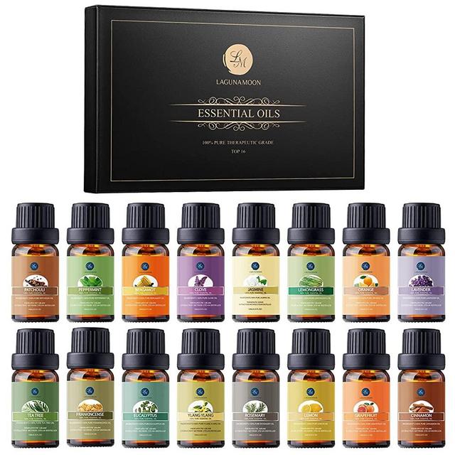 Lagunamoon Essential Oils Gift Set 16 x 10mL Essential Oils for Diffuser Humidifier Sleep Massage Aromatherapy Essential Oils - Lavender, Tea Tree, Lemon, Orange, Peppermint, Rosemary, Lemongrass