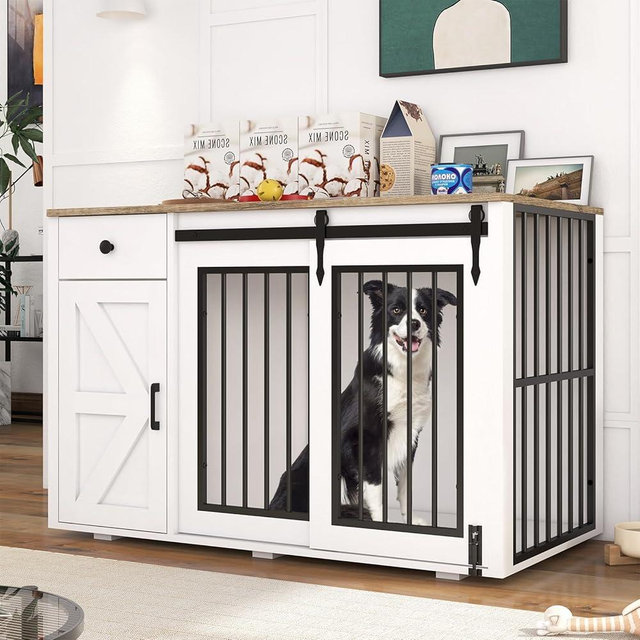 Verano Garden 44" Dog Crate Furniture, Heavy Duty Dog Kennel Indoor, 2-in-1 Furniture-Style Dog Crate with Storage Drawer & Cabinet for Small Medium Dogs, White (44" Left Facing Door)