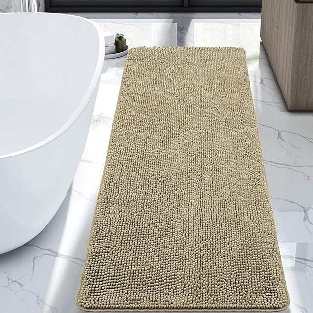 LOCHAS Luxury Bathroom Rug Shaggy Bath Mat 24 x 60 Inch, Washable Non Slip Bath Rugs for Bathroom Shower, Soft Plush Chenille Absorbent Carpets Mats, Beige