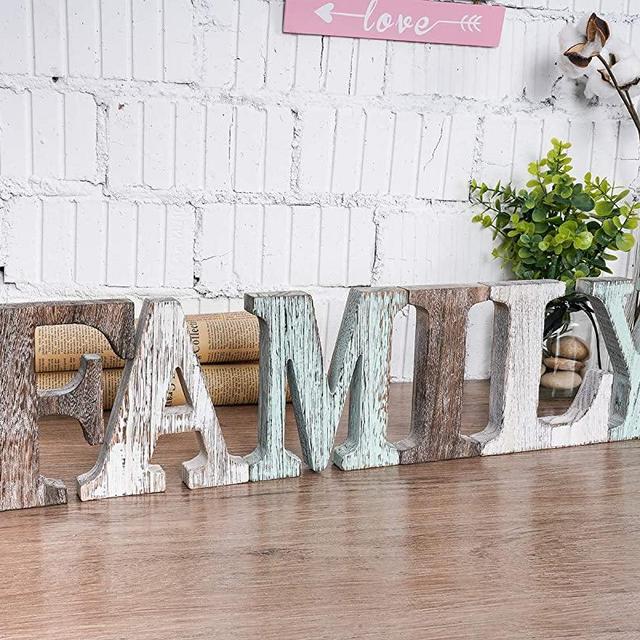 Wood Family Signs Wall Decor, Decorative Wooden Blocks Rustic Letters Cutout Farmhouse Home Decor, Multicolor, Bedroom Kitchen Living Room Table Centerpiece Words, Freestanding with Double Sided Tape