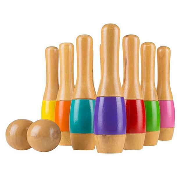 Lawn Bowling Game/Skittle Ball- Indoor and Outdoor Fun for Toddlers, Kids, Adults –10 Wooden Pins, 2 Balls, and Mesh Bag Set by Hey! Play! (9.5 Inch)
