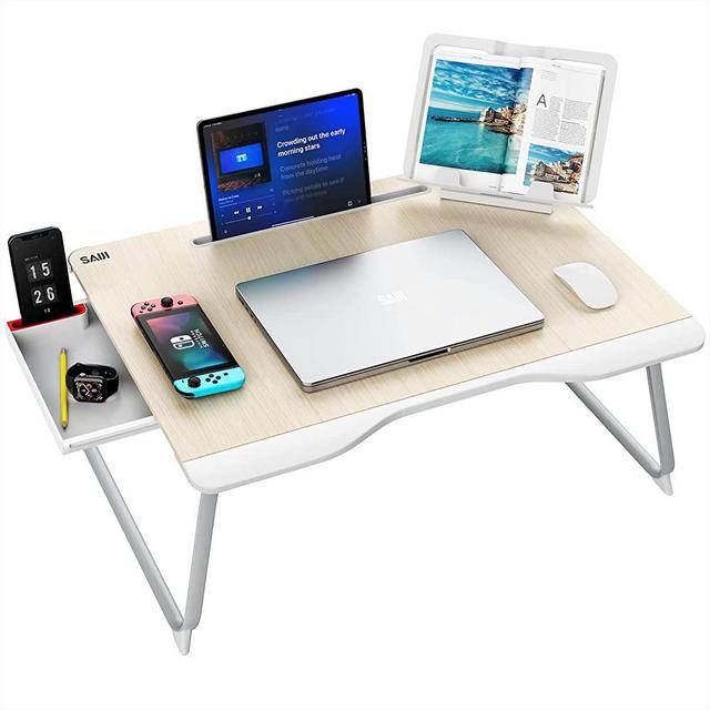 SAIJI Foldable Bed Desk for Laptop, Eating Breakfast, Writing, Gaming, Extra Large 25.6" x 19.29" Standing Laptop Desk Table for Adult,Kids, Wood Bed Desk Tray Table with Hand Wrist Protection