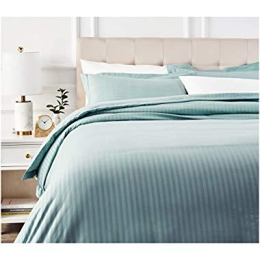 AmazonBasics Deluxe Striped Microfiber Duvet Cover Set - Full or Queen, Spa Blue