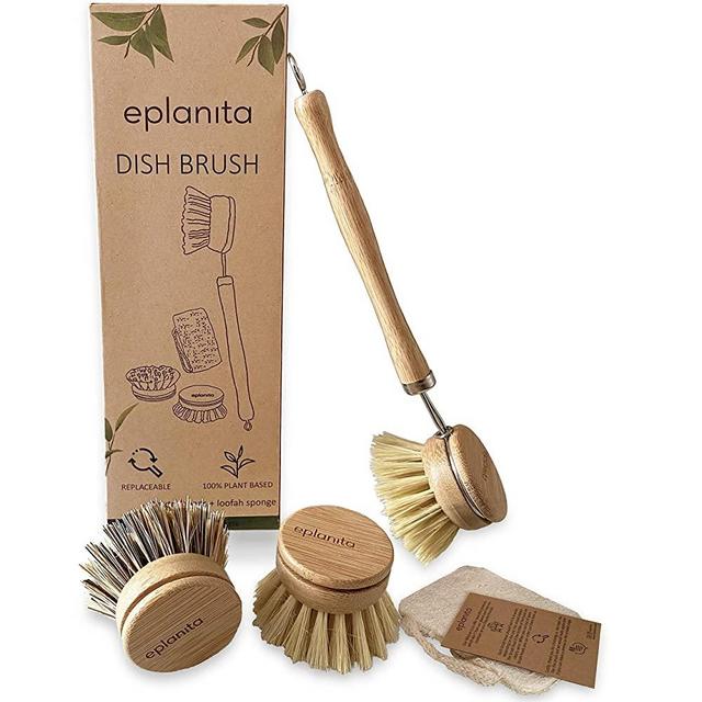 eplanita Natural Dish Brush, 3 Replacement Heads, Kitchen Eco Bamboo Scrubber Brushes, Extra Plant Sponge, Plastic Free Washing Up, Zero Waste Cleaning