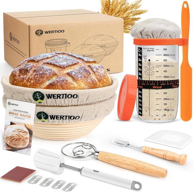 Sourdough Starter Kit, Banneton Bread Proofing Basket, 24oz Sourdough Starter Jar Glass, 2 9Inch Round Sourdough Proofing Basket, Sourdough Bread Baking Supplies with Dough Scraper, Danish Dough Whisk