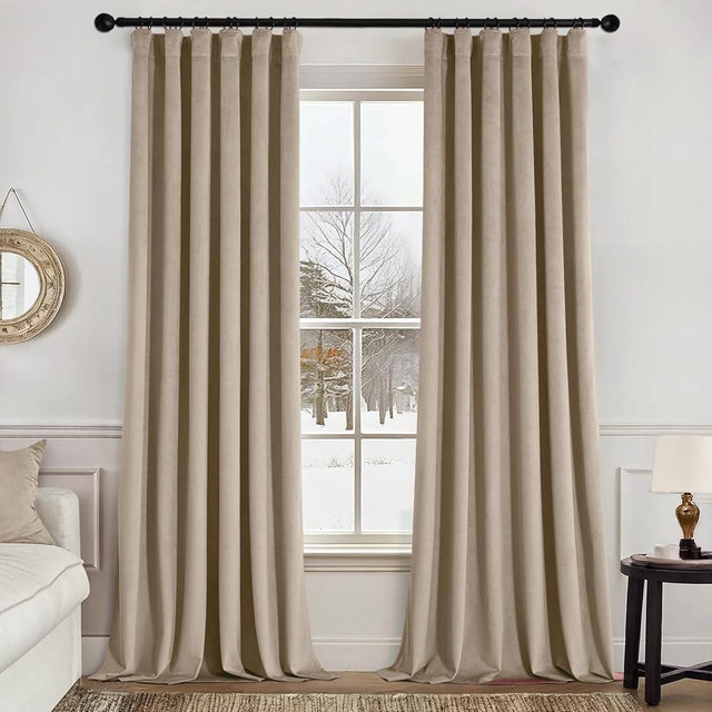 MIULEE Velvet Curtains 90 Inches Long 2 Panels Set for Bedroom, Pinch Pleat Back Tab Luxury Thermal Insulated Living Room Darkening Drapes Pleated Blackout Window Curtains with Hooks, Camel Beige