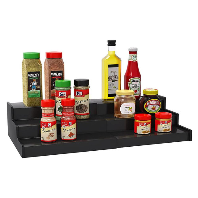 Lenwi Spice Rack Organizer for Cabinet, 3 Tier Expandable Bamboo Spice Storage, Great for Kitchen Cabinet, Cupboard,Pantry and More(Black)