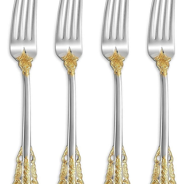 KEAWELL Luxury Dinner Fork, Set of 4, 18/10 Stainless Steel, 8 Inches, Dishwasher Safe, Mirror Polished, Silverware Fork Set (Gold Accent)
