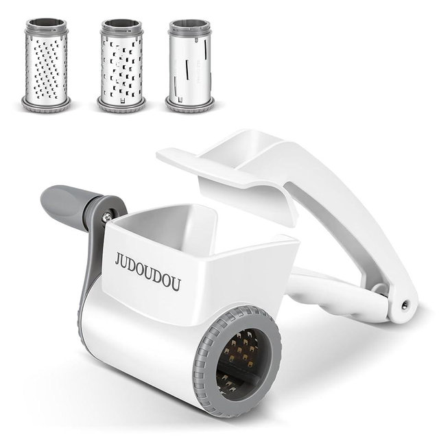 JUDOUDOU Cheese Grater Hand Crank - Classic Rotary Cheese Grater, Parmesan Cheese Shredder Handheld with 3 Stainless Steel Drums, Can be used for Hard Cheese, Chocolate and Nuts - Dishwasher Safe