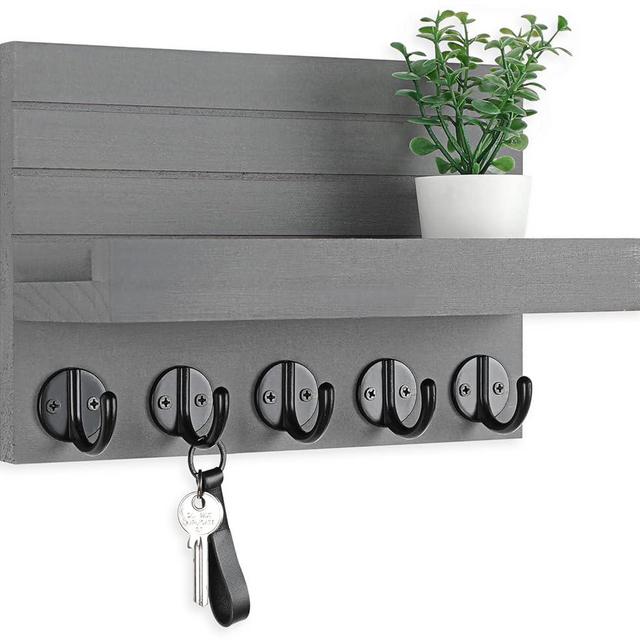 Lwenki Key Holder for Wall, Decorative Key and Mail Holder with Shelf Has Large Key Hooks for Bags, Coats – Paulownia Wood Key Hanger with Mounting Hardware (9.8”W x 6.7”H x 4.2”D) (Gray)