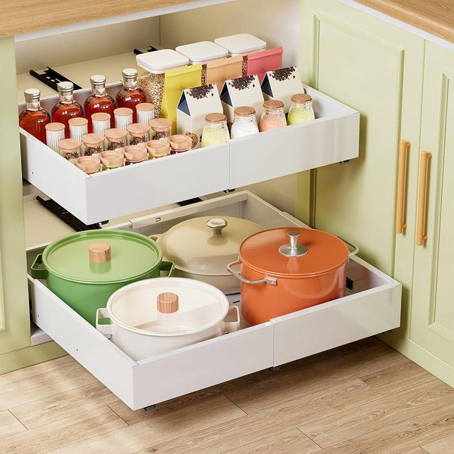 Dayacoco 2Pcs Dayacoco Pull Out Cabinet Organizer, Expandable Width (11.4"-19.4") and Depth (16.7"-21.4") With 3 Rails, Slide out Drawers for Kitchen Base Cabinet Organization, No Drill, White