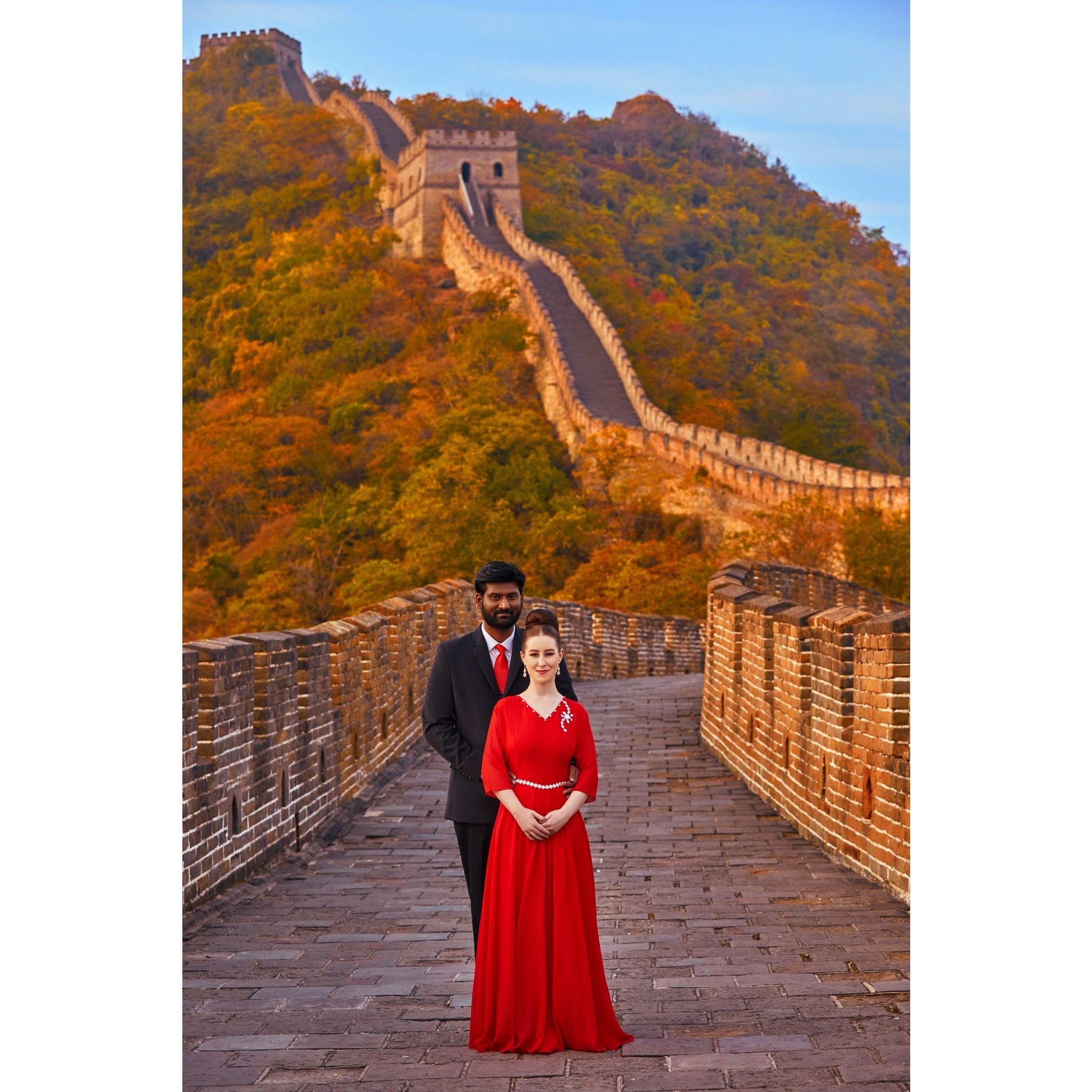 Us on the Great Wall of China in 2022 shortly after being reunited!  China finally gave Raj his visa.  We were so happy :)