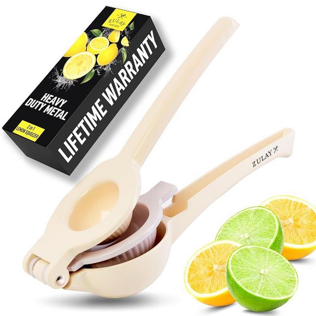 Zulay Kitchen Metal 2-in-1 Lemon Squeezer - Sturdy Max Extraction Hand Juicer Lemon Squeezer Gets Every Last Drop - Easy to Clean Manual Citrus Juicer - Easy-Use Lemon Juicer Squeezer - Cream/Purple